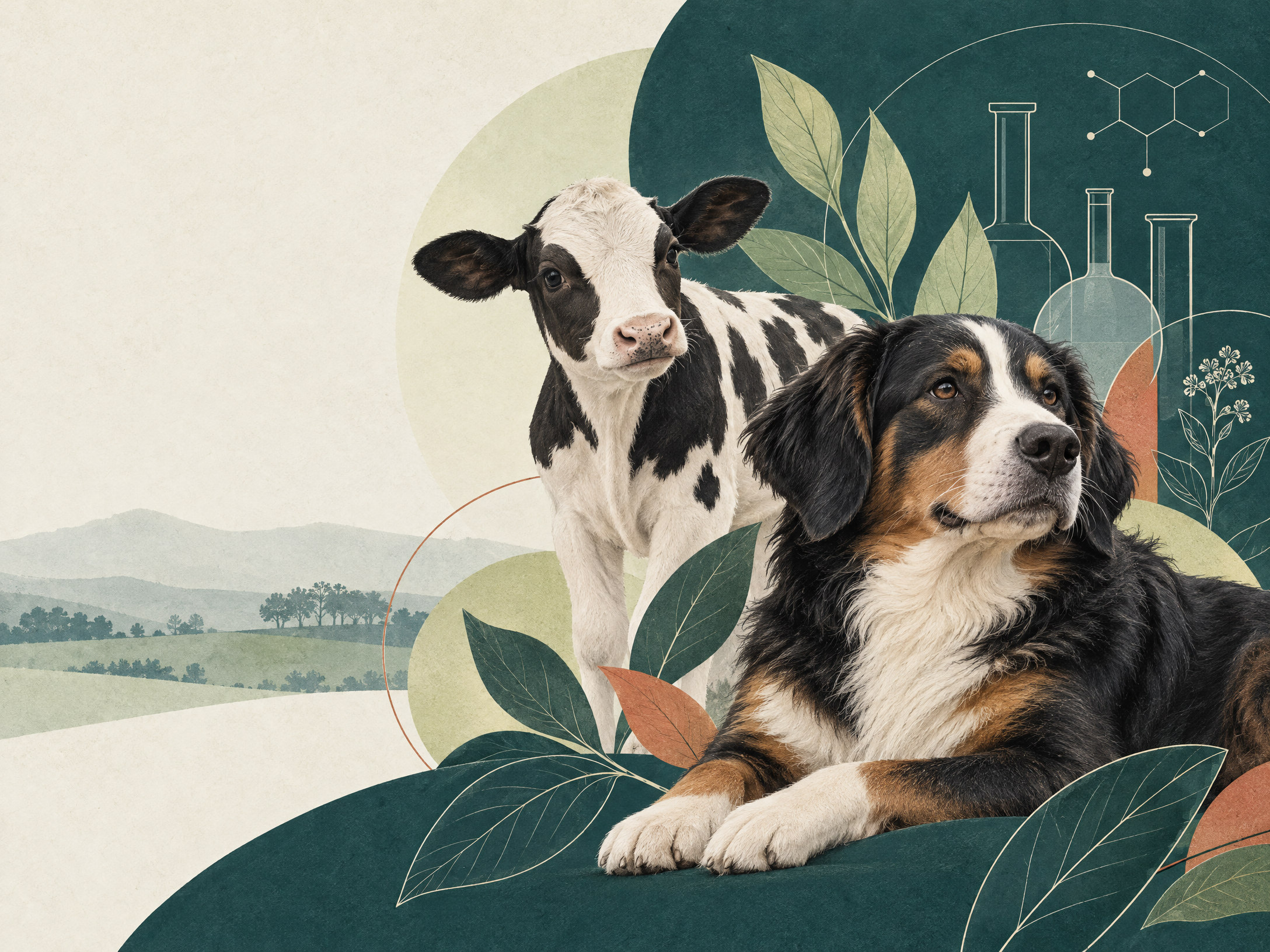 Ilustração conceitual de um cão, um bezerro e elementos abstratos de ciência; não representa instalações nem produtos reais da empresa.